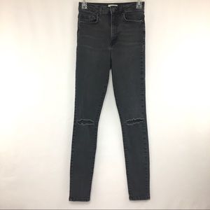 Forever 21 Black Skinny High Rise Distressed Ripped Knee Denim Jeans Size 24